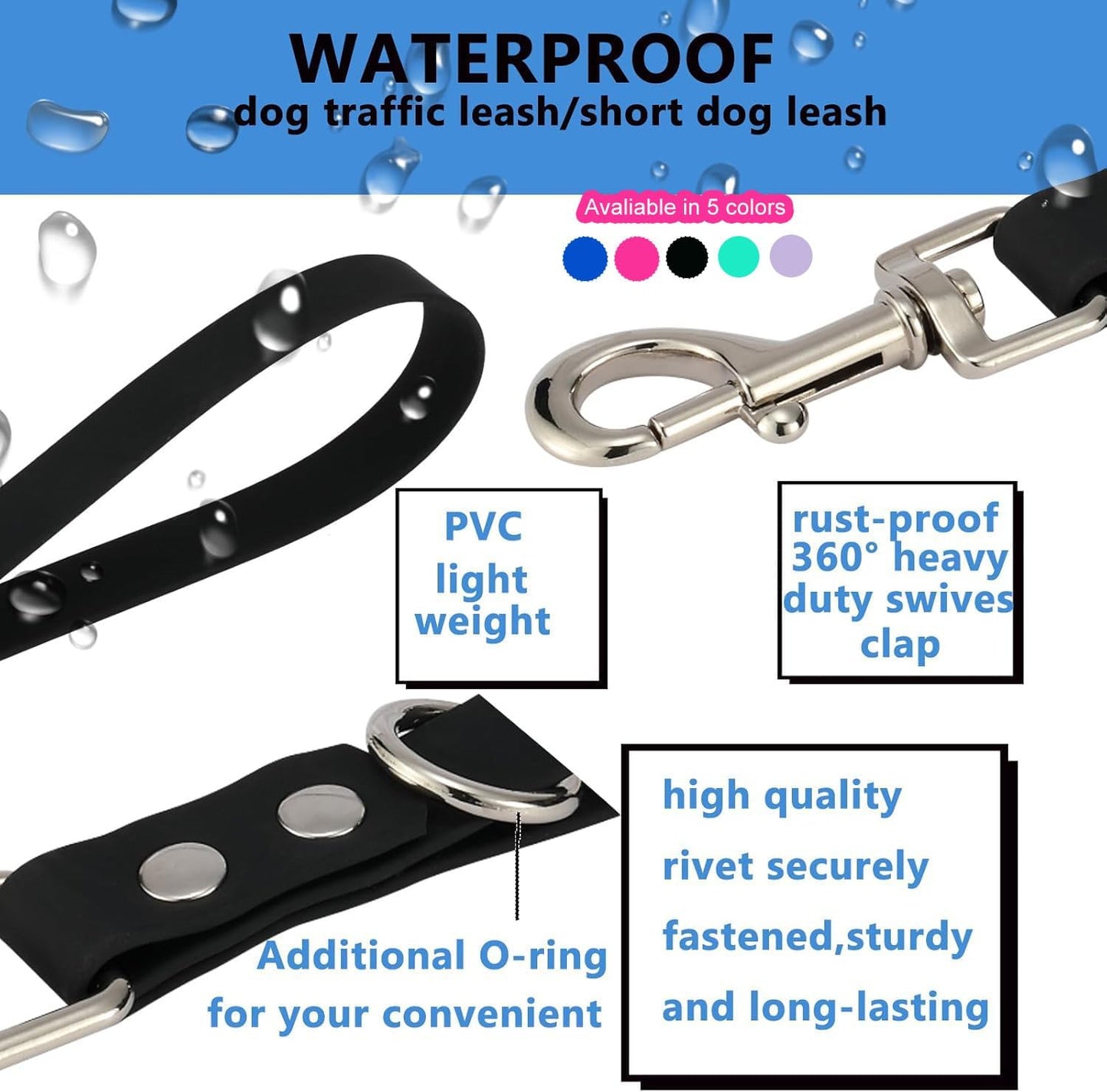 Short Dog Leash - 9 Inch Dogs Lead Grab Tab Heavy Duty Waterproof PVC Dog Training Traffic Leashes for Safety Control Behavior Correction Hiking Backup & All Breeds (Black, 9'')
