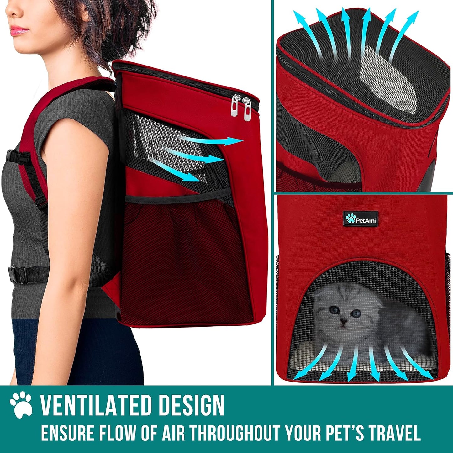 Small Dogs and Cat Backpack Carrier, Airline Approved Pet Backpack Carrier, Ventilated, Safety Strap, Buckle Support Designed for Hiking Travel Camping Outdoor, Max 18 Lbs (Red)