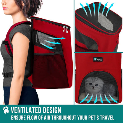 Small Dogs and Cat Backpack Carrier, Airline Approved Pet Backpack Carrier, Ventilated, Safety Strap, Buckle Support Designed for Hiking Travel Camping Outdoor, Max 18 Lbs (Red)