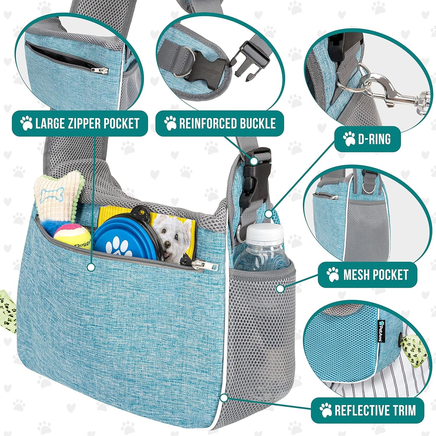 Small Dog Sling Carrier, Soft-Sided Crossbody Puppy Carrying Purse Bag, Adjustable Sling Pet Pouch to Wear Medium Dog Cat Travel, Dog Bag for Traveling, Poop Bag Dispenser, Max 10 Lbs, Blue