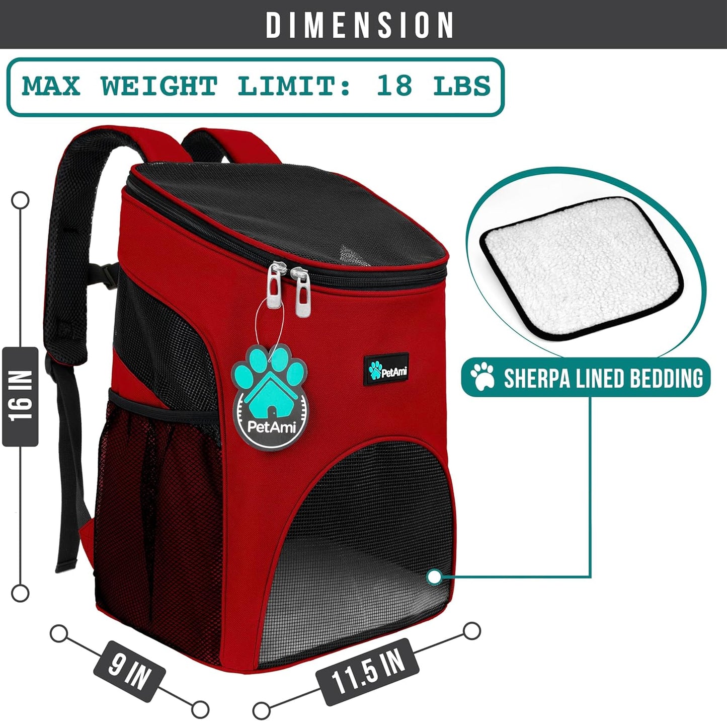 Small Dogs and Cat Backpack Carrier, Airline Approved Pet Backpack Carrier, Ventilated, Safety Strap, Buckle Support Designed for Hiking Travel Camping Outdoor, Max 18 Lbs (Red)