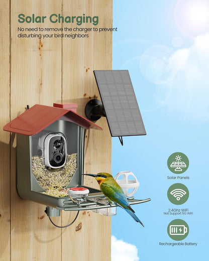 Bird Feeder with Camera Outdoor Solar: Smart Birdfeeder Cam for outside Garden - 2K HD Live Video Camera AI Recognition Visible Window Auto Capture - Bird Lover Gifts