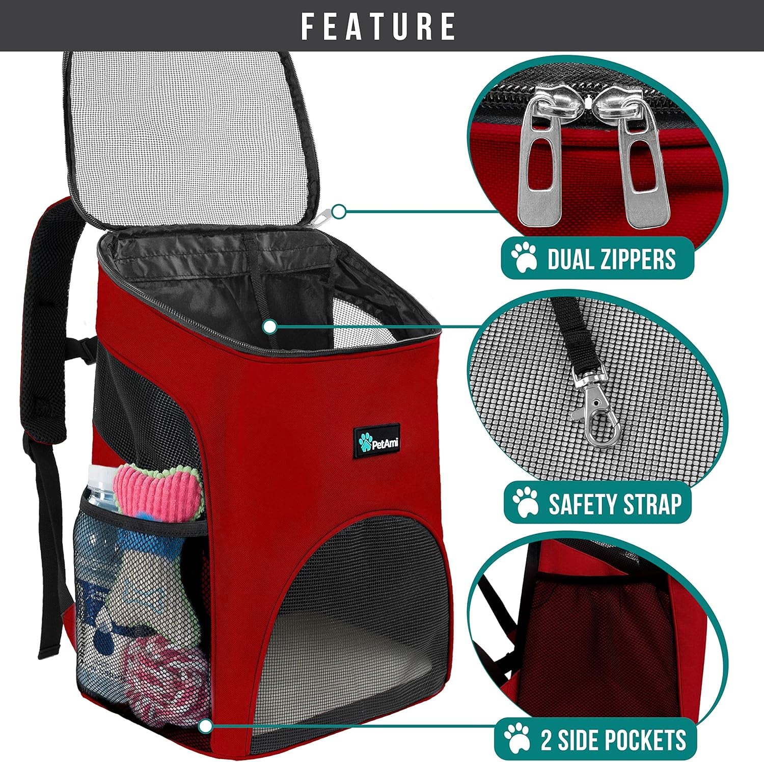Small Dogs and Cat Backpack Carrier, Airline Approved Pet Backpack Carrier, Ventilated, Safety Strap, Buckle Support Designed for Hiking Travel Camping Outdoor, Max 18 Lbs (Red)