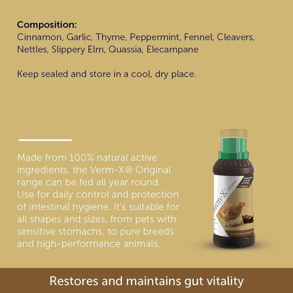 100% Natural Liquid for Poultry. Supports Intestinal Hygiene. Vet Approved. UFAS Assured. Contains Prebiotic for Gut Biome. Restores and Maintains Gut Vitality. Wormwood Free - 250Ml